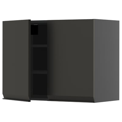 Modern dark gray minimalist cabinet with two shelves, one open door, and sleek handles.