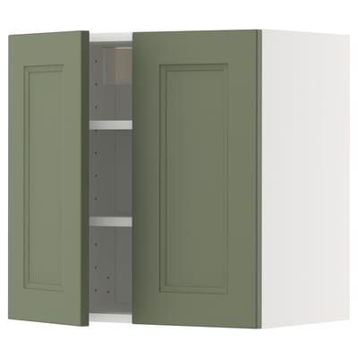 Green kitchen cabinet, open, rectangular shape, wall-mounted.