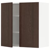 Dark wood cabinet with two doors open, revealing shelves. Modern design, sturdy frame, snap hinges.