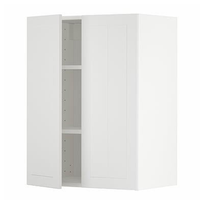 Depicts a white METOD kitchen cabinet with one open door revealing an adjustable shelf inside.