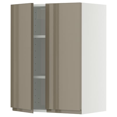 Modern kitchen cabinet, beige, glossy finish, two doors, wall-mounted, stylish design.