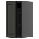 Modern black wall cabinet with adjustable shelf, beveled door edges.
