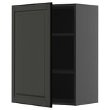 A dark grey METOD wall cabinet with one door open, revealing an adjustable shelf inside.