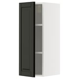 Black beveled-edge cabinet door, white wall unit, tall rectangular shape with 2 shelves.