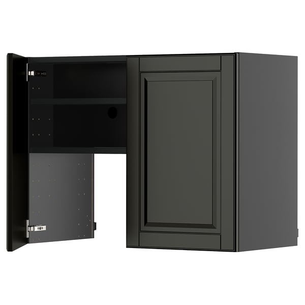 Black METOD kitchen cabinet with adjustable shelf and beveled doors, sleek modern design.