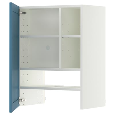 METOD Wall cb f extr hood w shlf/door, white/Lerhyttan blue, 60x80 cm