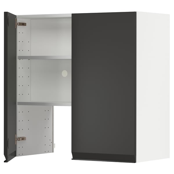 Modern black and white cabinet with adjustable shelves, sleek design, metallic hinges.