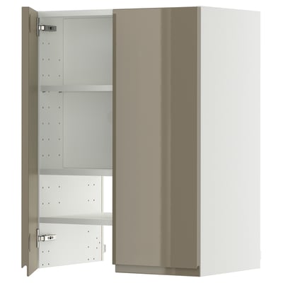 Modern kitchen cabinet, high gloss beige-brown, metal handles, rectangular shape, mirrored door.
