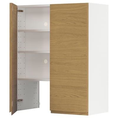 A wooden kitchen cabinet with open and closed white interior compartments, featuring modern minimalist design.