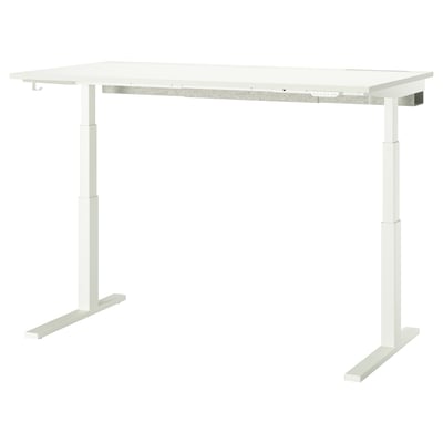 MITTZON sit/stand desk. White, l-shaped, metallic base, adjustable height.