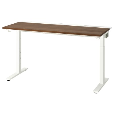 MITTZON desk: modern, brown top, white legs, adjustable height, sleek design.