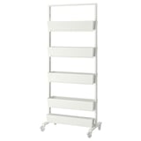 A white MITTZON rolling shelving unit with five compartments, ideal for organizing or displaying items, with a minimalist and modern design.
