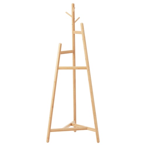 MORSNING wooden coat stand, light brown, bamboo, a-frame design, multiple hooks for hanging.