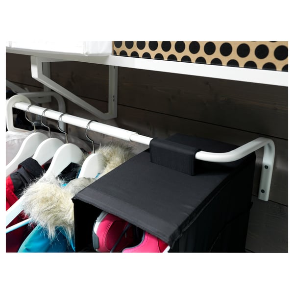 A MULIG adjustable wardrobe rack with white hangers.