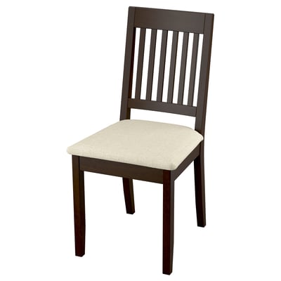 Single dark brown wood chair with beige padded seat, slatted back design.