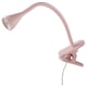 Pink adjustable clip-on lamp with flexible neck and focused light. Energy-efficient led.