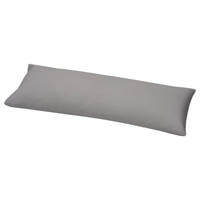 A gray, rectangular body pillow with a smooth design, made from 100% cotton.