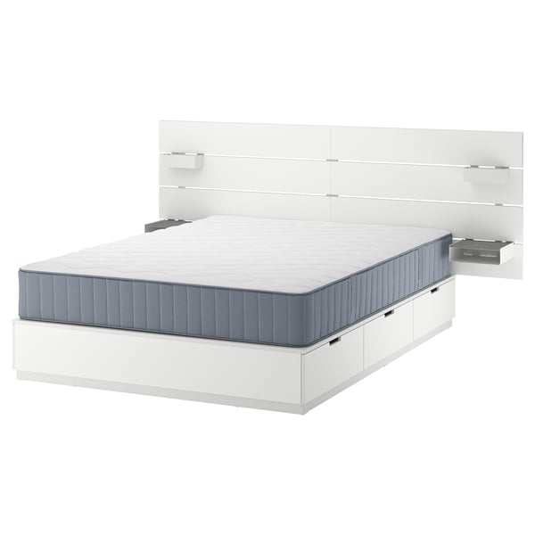 NORDLI bed: white platform with gray mattress, featuring headboard and storage drawers.