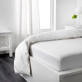 Neatly made bed with white sheets, lamp, and greenery beside it, large windows with sheer curtains.