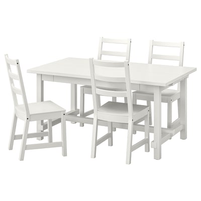 White NORDVIKEN dining set with extendable table and 4 wooden chairs.