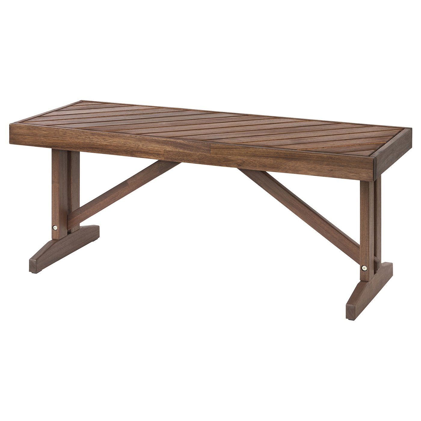 NORRMANSÖ dark brown wooden outdoor bench with herringbone pattern and sturdy acacia wood construction.