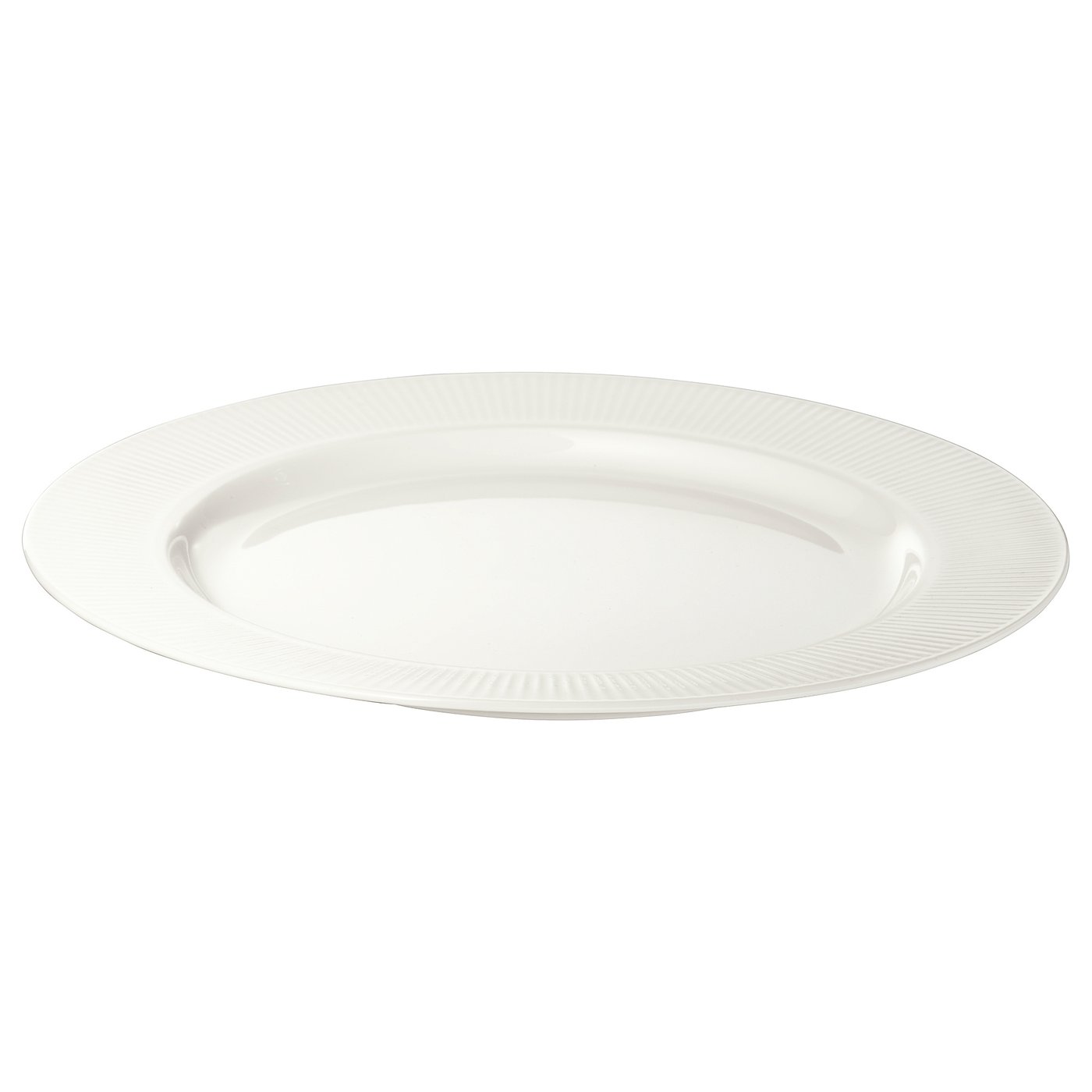 OFANTLIGT white dinner plate, elegant design, bone porcelain-like, round shape, sweet diagonal patterns.