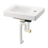 Modern white wall-mounted sink, minimalist design, integrated strainer, durable ceramic material.