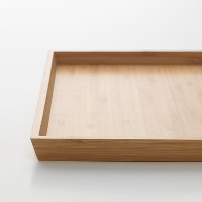Light wooden bamboo serving tray, rectangular, simple design.