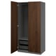 An open brown and gray PAX wardrobe with shelves and mesh baskets, featuring a modern design.