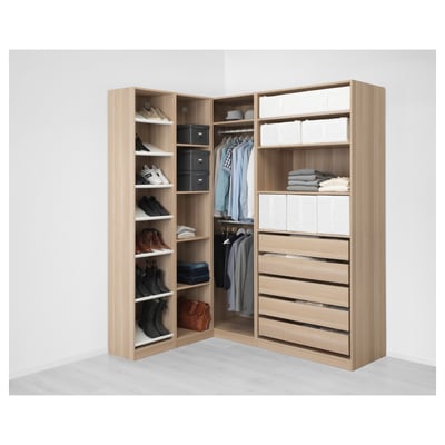 Modern corner wardrobe with shelves, drawers, and hanging space for clothes and shoes.