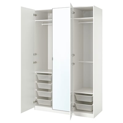 White PAX wardrobe, mirrored doors, mesh baskets, metal rails.