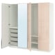 White PAX wardrobe, mirrored doors, soft-close hinges, mesh baskets.