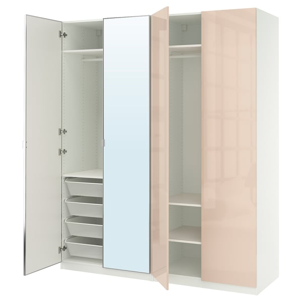 A white PAX wardrobe with mirrored doors and shelves. It mesh baskets and adjustable interiors.