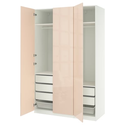 Beige ikea PAX wardrobe with drawers & shelves, open to show organized storage.