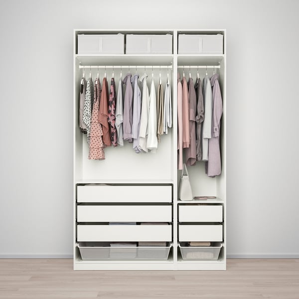Modern white wardrobe with adjustable feet, slow-close doors, and storage baskets.