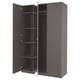 A PAX wardrobe in dark gray with mirrored doors, featuring adjustable shelves.