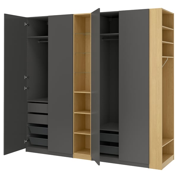 PAX / FORSAND Wardrobe combination, dark grey dark grey/oak effect, 255x60x236 cm