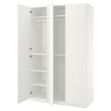 White ikea PAX wardrobe with open doors, white shelves, hinges, and minimalist design.
