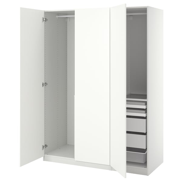 An open white PAX wardrobe with shelving and drawers, offering organized storage.