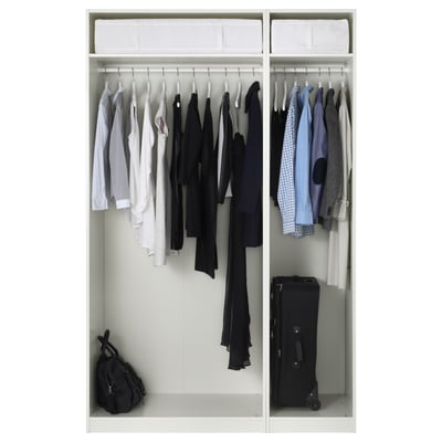 Open wardrobe with clothes on hangers, storage boxes, and bags beneath.