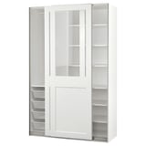 White PAX wardrobe with glass doors and mesh baskets.