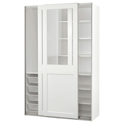 White PAX wardrobe with glass doors and mesh baskets.