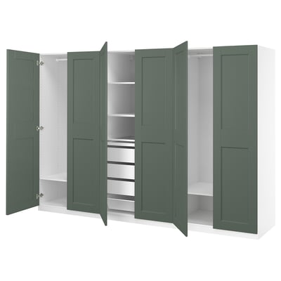 PAX wardrobe: green doors, white interior, soft-close hinges, adjustable shelves & drawers.