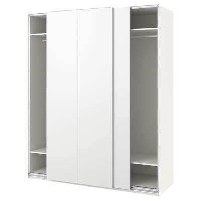 White PAX wardrobe with sliding doors. Modern, minimalist design. Made of fibreboard and particleboard. Includes shelves and rail.