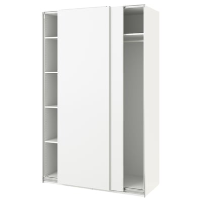 A white PAX wardrobe with sliding doors and multiple shelves.