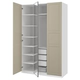 PAX wardrobe in beige and white; tall, rectangular with mirrored doors, open to show shelves and drawers.