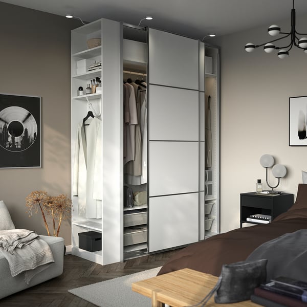 PAX / MEHAMN Wardrobe with sliding doors, white aluminium/white white, 170x66x236 cm