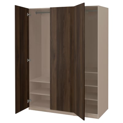 PAX wardrobe, beige, wood finish, 3-section, open doors, shelves, hanging rail.