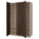 Option: An open beige PAX wardrobe with dark wooden doors. It multiple shelves and a hanging rod inside.