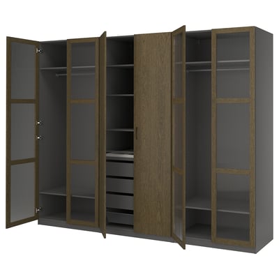 PAX wardrobe, gray-brown, oak, rectangular, open doors revealing shelves and drawers.